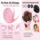 Hair curler with pink fabric and text highlighting benefits on a pink background