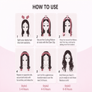 Step-by-step guide on how to use a hair curling product with cartoon illustrations of hair styles.